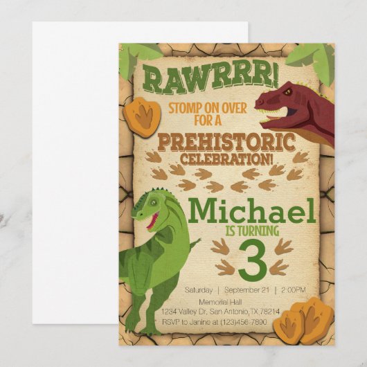 Uitnodiging voor de verjaardag van de dinosaurus,  (Voorkant / Achterkant)