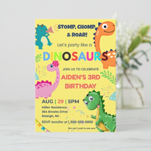 Uitnodiging voor de verjaardag van de dinosaurus (Staand voorkant)
