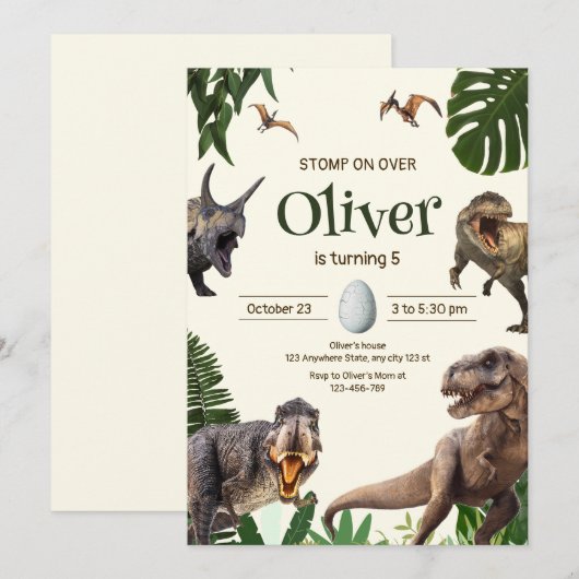 Uitnodiging voor de verjaardag van de dinosaurus,  (Voorkant / Achterkant)