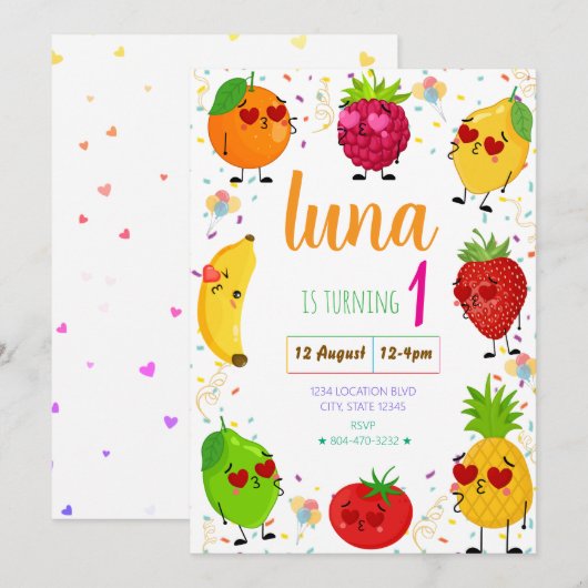 Uitnodiging voor de verjaardag van het fruit (Voorkant / Achterkant)