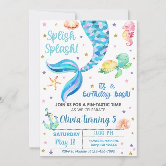 Uitnodiging voor de verjaardag van Mermaid girl. (Voorkant)