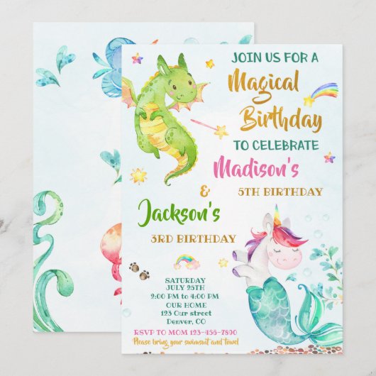 Uitnodiging voor de verjaardag van Mermicorn en Dr (Voorkant / Achterkant)