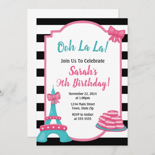Uitnodiging voor de verjaardag van Parijs Franse u (Voorkant / Achterkant)