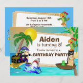 Uitnodiging voor de verjaardag van piraten en haai (Voorkant / Achterkant)