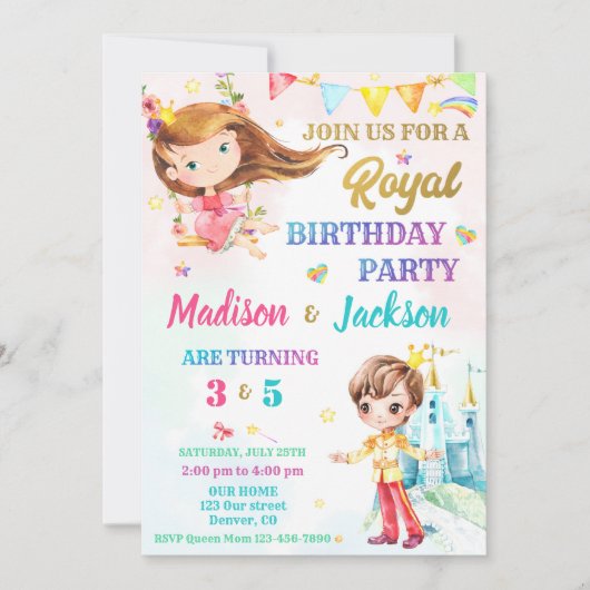 Uitnodiging voor de verjaardag van prinses en prin (Voorkant)