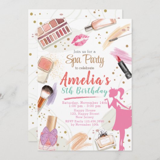 Uitnodiging voor de verjaardag van Spa. Glam up ma (Voorkant / Achterkant)