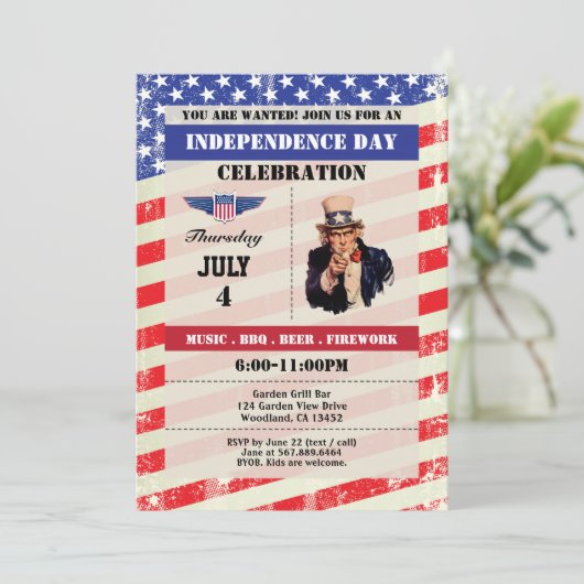 Uitnodiging voor de viering van Independence Day.  (Staand voorkant)