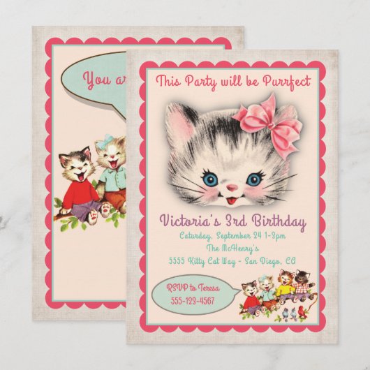  uitnodiging voor de wedstrijd Kitty Cat Birthday (Voorkant / Achterkant)