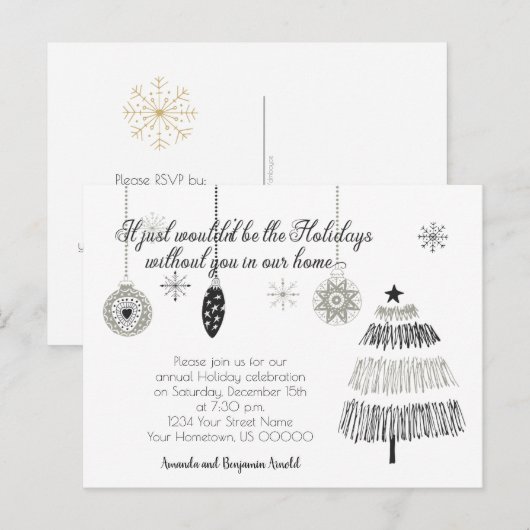 Uitnodiging voor de Zwarte en Zilveren Kerstfeestd (Voorkant / Achterkant)