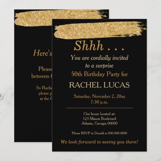 Uitnodiging voor de zwarte gouden glitterstijl voo (Voorkant / Achterkant)