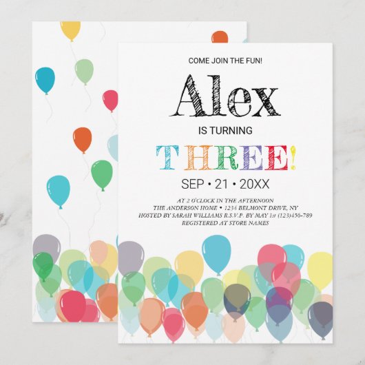 Uitnodiging voor derde verjaardagsfeest met ballon (Voorkant / Achterkant)