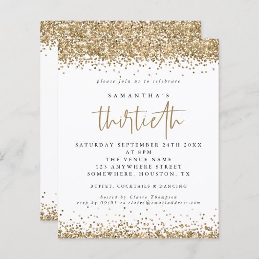 Uitnodiging voor dertigste feestje met budget goud (Voorkant / Achterkant)