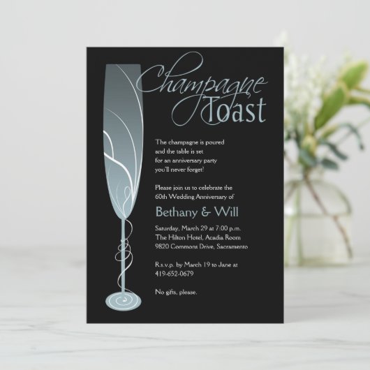 Uitnodiging voor diamant champagne toast blauw (Staand voorkant)