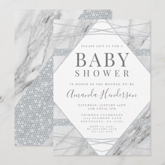 Uitnodiging voor diamant en marmer Baby shower (Voorkant / Achterkant)