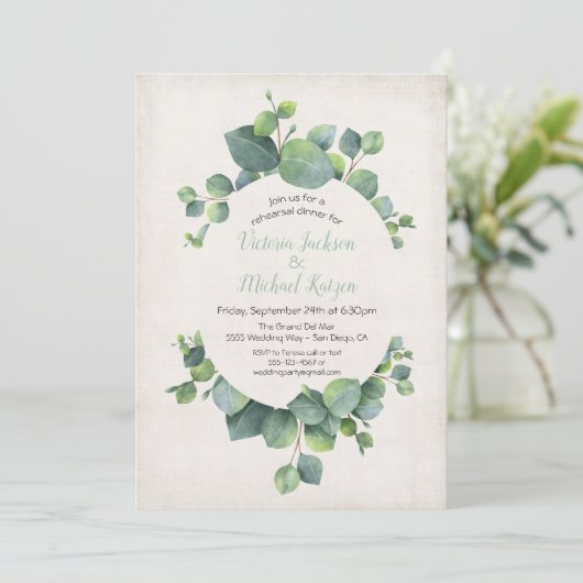 Uitnodiging voor diner eucalyptus krans (Staand voorkant)