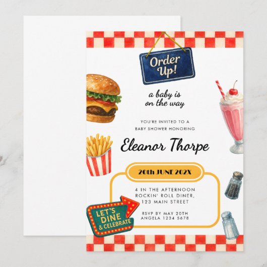 Uitnodiging voor Diner Theme Baby shower (Voorkant / Achterkant)