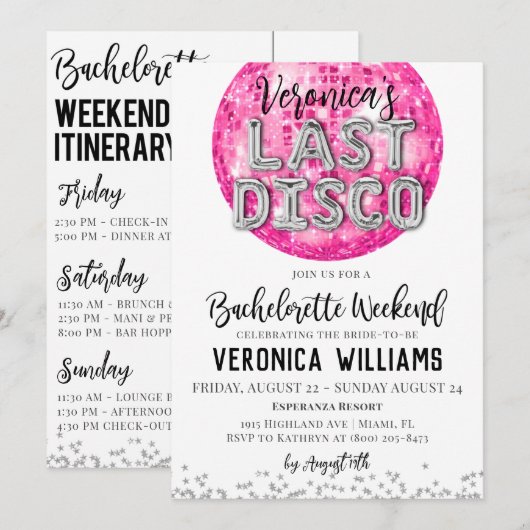 Uitnodiging voor Disco Bachelorette Weekend (Voorkant / Achterkant)