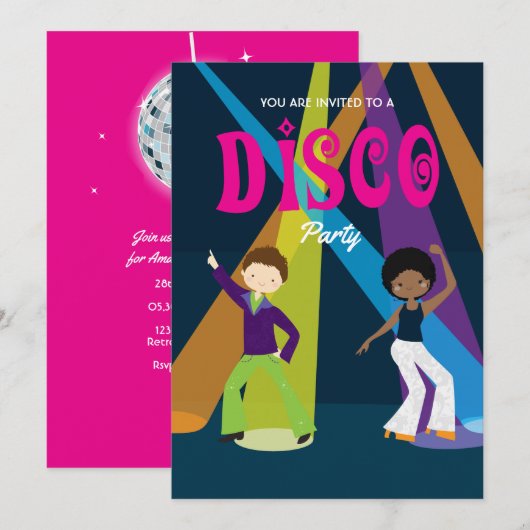 Uitnodiging voor Disco Birthday Party (Voorkant / Achterkant)