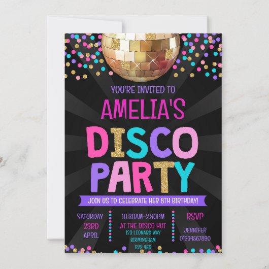 Uitnodiging voor Disco Party verjaardag (Voorkant)