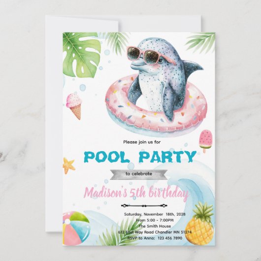 Uitnodiging voor dolfijnen zwembadfeest (Voorkant)