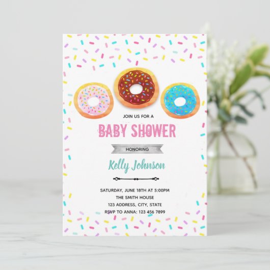 Uitnodiging voor donut baby shower (Staand voorkant)