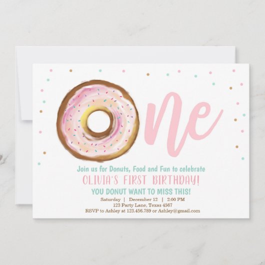 Uitnodiging voor donut Een meisje 1 op de verjaard (Voorkant)