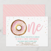 Uitnodiging voor donut Een meisje 1 op de verjaard (Voorkant / Achterkant)