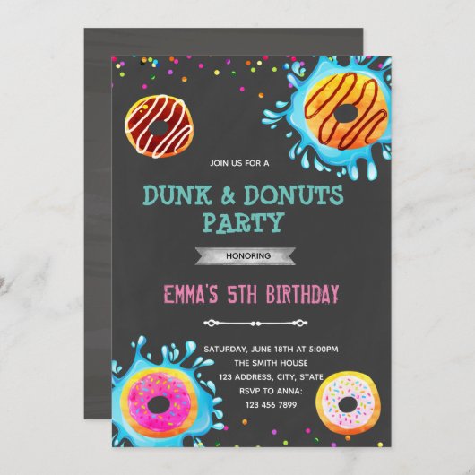 Uitnodiging voor Donut- en dunk-verjaardagsfeest (Voorkant / Achterkant)