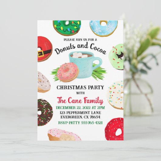 Uitnodiging voor Donuts en Cacao Holiday Party (Staand voorkant)