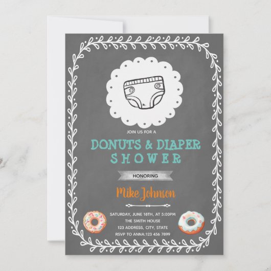Uitnodiging voor donuts en luiers baby shower (Voorkant)