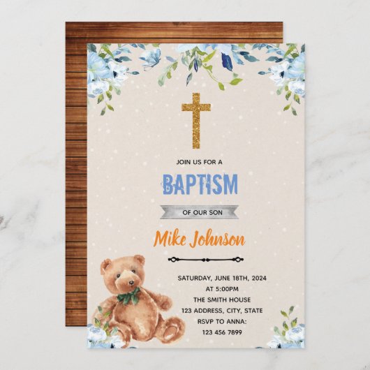 Uitnodiging voor doop blauwe bloem beer (Voorkant / Achterkant)