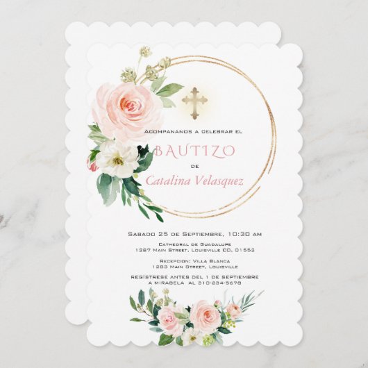 Uitnodiging Voor Doop Met Bloemen Spaanse Uitnodig (Voorkant / Achterkant)