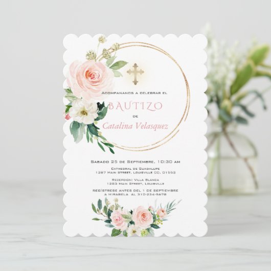 Uitnodiging Voor Doop Met Bloemen Spaanse Uitnodig (Staand voorkant)