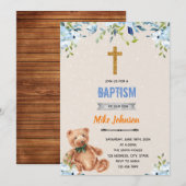 Uitnodiging voor doop van blauwe bloemenbeer (Voorkant / Achterkant)