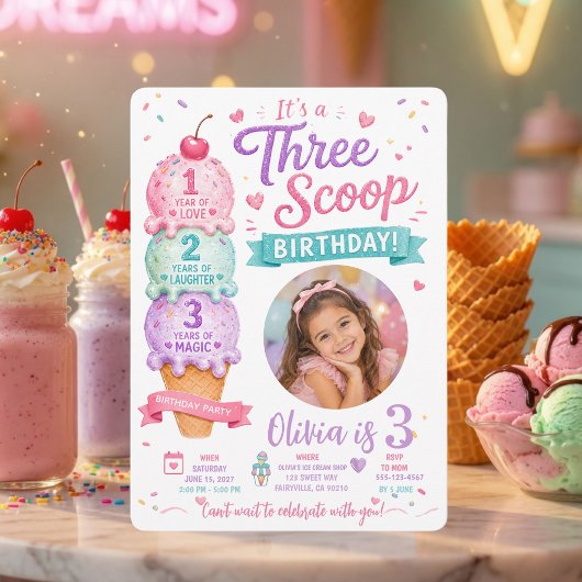 Uitnodiging voor drie-scoops verjaardag met foto