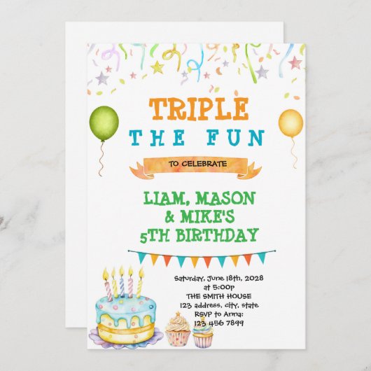 Uitnodiging voor drievoudig verjaardagsfeest (Voorkant / Achterkant)