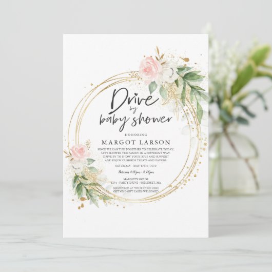 Uitnodiging voor Drive By Baby Shower in greenery  (Staand voorkant)