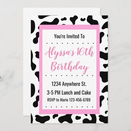 Uitnodiging voor drukkerij Pastel Pink Cow (Voorkant / Achterkant)