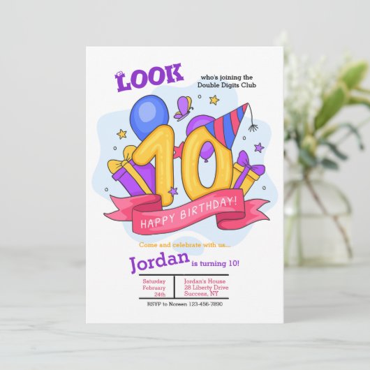 Uitnodiging voor dubbele cijfers verjaardag (Staand voorkant)