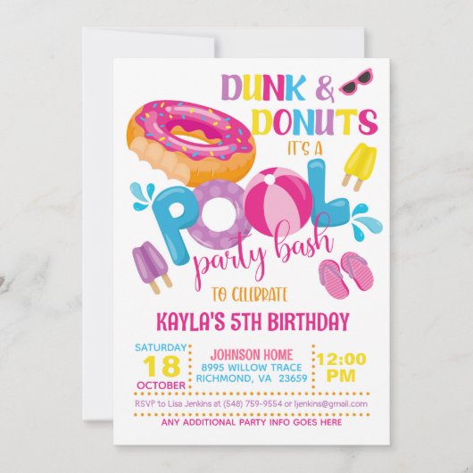 Uitnodiging voor Dunk & Donuts Poolparty (Voorkant)