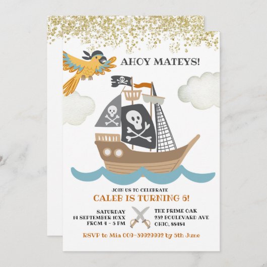 Uitnodiging voor Editable Pirate Boy Birthday (Voorkant / Achterkant)