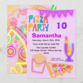 Uitnodiging voor een 80s Pizza Feest - Neon Arcade (Voorkant / Achterkant)