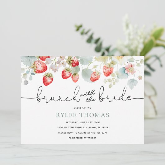 Uitnodiging voor een aardbeibrunch met de bruid (Staand voorkant)