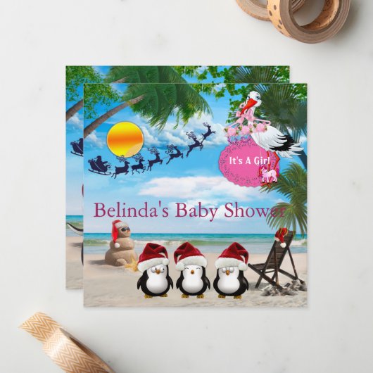 Uitnodiging voor een Baby shower met zomerkerst (Voorkant / Achterkant in situ)