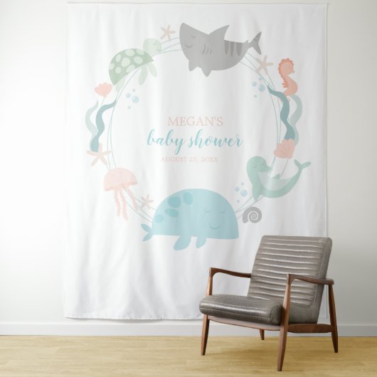 Uitnodiging voor een baby shower onder de zee wandkleed (In situ)