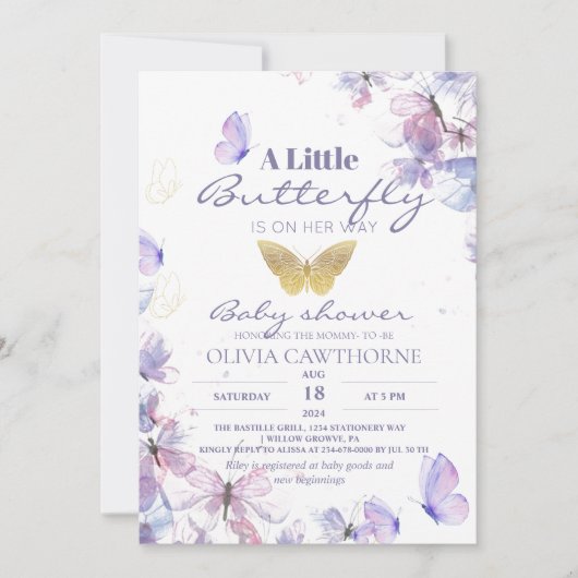 Uitnodiging voor een babyfeest met een vlindertje (Voorkant)