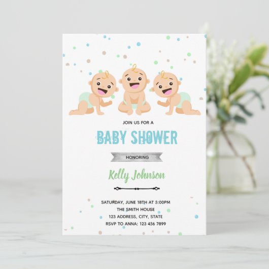 Uitnodiging voor een babyfeest voor drieling (Staand voorkant)