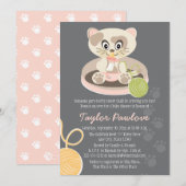 Uitnodiging voor een babyfeestje met kat in roze l (Voorkant / Achterkant)