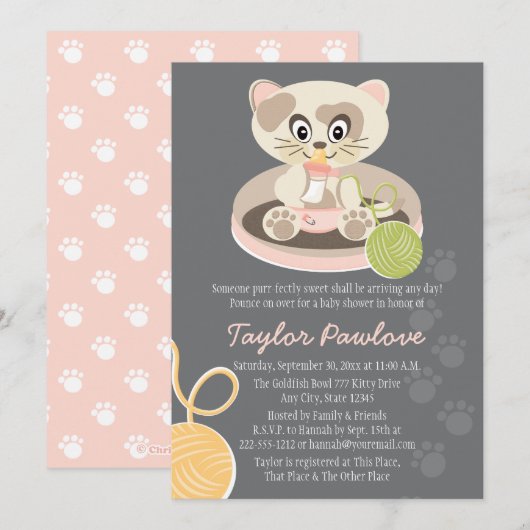 Uitnodiging voor een babyfeestje met kat in roze l (Voorkant / Achterkant)