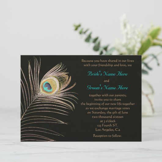 Uitnodiging voor een Black Peackock Wedding (Staand voorkant)